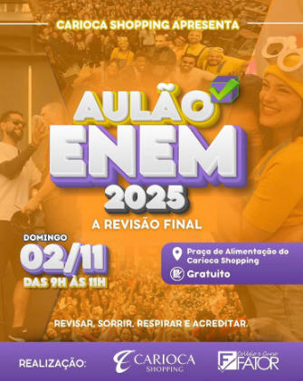 Carioca Shopping promove aulão gratuito para estudantes do Enem neste domingo